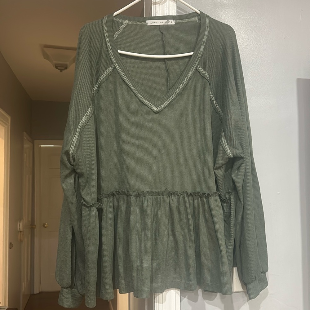 Altar’d State Long Sleeve Green V-Neck Shirt